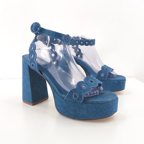 Larroude Women 11 Dolly Broderie Sandal Blue Stoned Denim Platform Ankle Strap - Picture 1 of 11